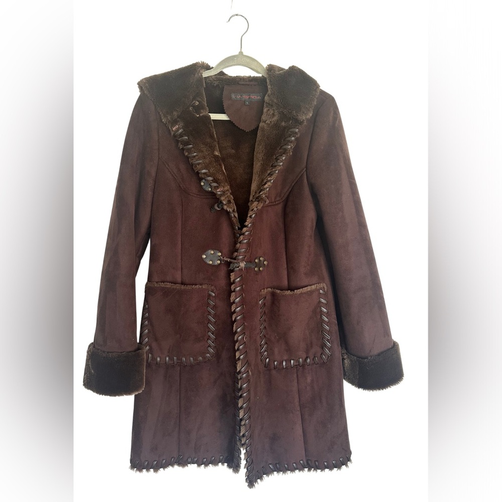 Y2K Vintage Via Spiga Brown Faux Suede Coat‎ with Whipstitch Details - Size L